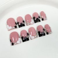 Lot de 10 faux ongles à presser, motif amande carrée, peints à la main, faits à la main, couvrance totale, avec colle pour doigts