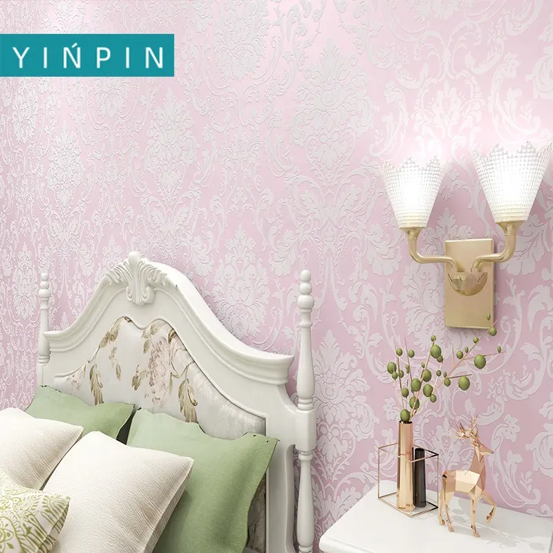 أفضل بيع الوردي طباعة ذاتية اللصق لفات ورق الحائط غير المنسوجة لغرفة النوم تزيين