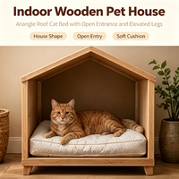 Maison pour chat en bois avec entrée large et ouverte, intérieur spacieux, coussin épais, pieds surélevés, utilisations multiples