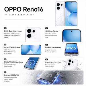 <span class=keywords><strong>OPPO</strong></span> Reno <span class=keywords><strong>16</strong></span> 5G con Batteria Massiccia da 7000mAh, Ricarica SuperVOOC 80W, Dimensity 8500, Display AMOLED 1.5K da 6.32'' a 120Hz, Fotocamera da 200MP, Smartphone - Product Image 3