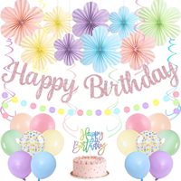 Décorations d'anniversaire fleuries pour filles et femmes, Anniversaire pastel macaron |   Guirlande de ballons floraux, éventails, spirales et points pour décoration de gâteau