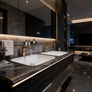 Meuble-lavabo de salle de bain en bois massif de luxe léger avec vasque intégrée et miroir intelligent à LED pour appartement - Product Image 3