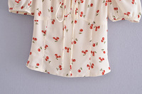 Camiseta con estampado de cerezas pequeñas personalizada, top sexy con cuello cuadrado pequeño, top corto de manga abombada, ropa elegante para niña