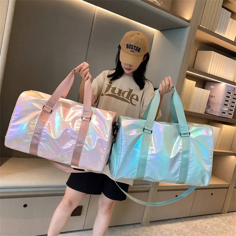 6 Color Mermaid Pearlescent Large Summer Holiday Gradient Overnight Duffle Duffel Tote Hand Gym Travel Bag with Side Shoe Pocket