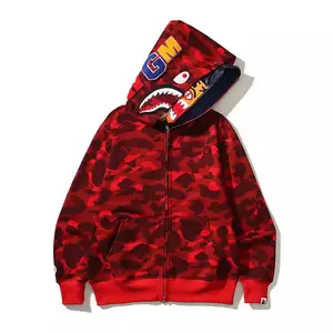 Pamuk Polyester özel Logo erkek ape hoodie köpekbalığı camo Hoodies & sweatshirt ile fermuar imalat