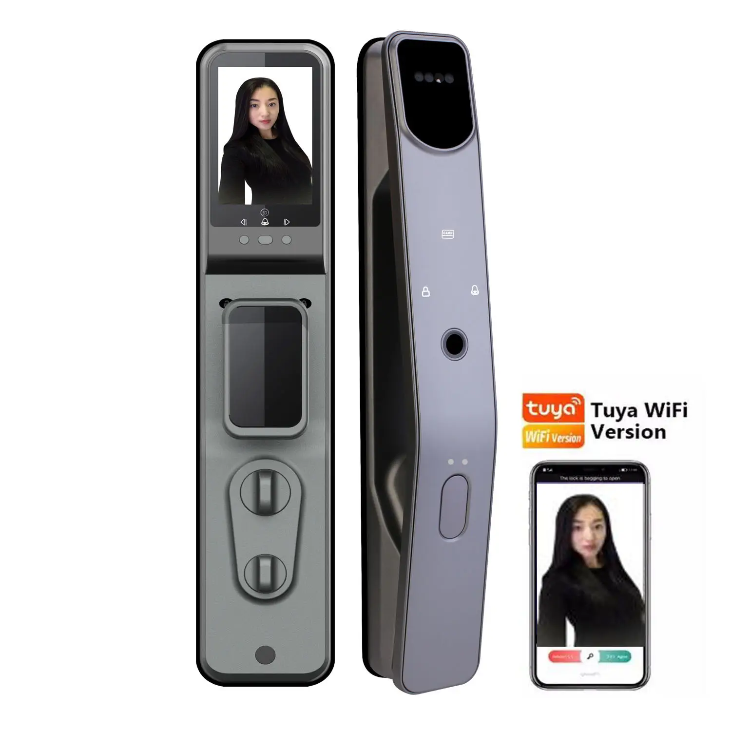Riconoscimento facciale smart door lock con fotocamera, acquisizione immagini wifi Tuya App telecomando, impronte digitali, viso, password, carta