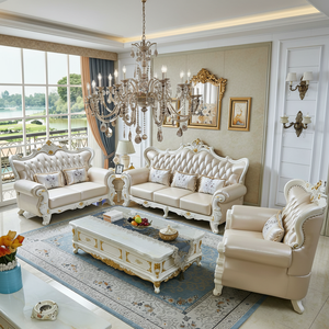 Ensemble de canapés en cuir véritable de style européen, cadre en bois massif, chaise longue sculptée double face, canapé de salon - Product Image 1