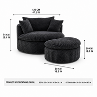 Canapé de sol rond moderne en velours côtelé noir avec ottoman, fauteuil paresseux sans cadre tout en mousse, assise douce pour salon