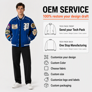 Men's Embroidered Patchwork Windproof Varsity Bomber Jacket Cotton Bamboo <b>Quilted</b> Lined Baseball Chenille Patch Zipper Closure - Product Image 2
