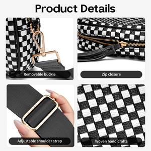 Sac bandoulière tissé à motif damier pour femme en PU, sac à main de <span class=keywords><strong>voyage</strong></span> avec sangle réglable et pompon - Product Image 6
