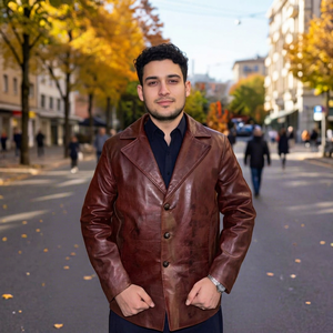 Men's <b>Brown</b> <b>Leather</b> <b>Jacket</b> With Turn-down Collar And Button Closure - Product Image 1