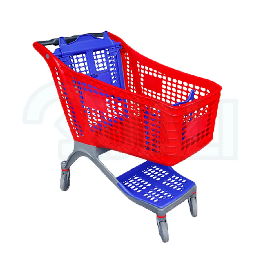 Grey Plastic Shopping Cart With Red Gate Plastic Shopping Trolley with Wheels Polypropylene Plastic Basket Trolley