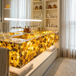 Lavabo en <span class=keywords><strong>pierre</strong></span> translucide de quartz fumé brun naturel massif personnalisé avec éclairage pour les intérieurs de salles de bain modernes - Product Image 2