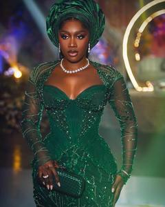 非洲绿色美人鱼舞会礼服定制长袖串珠晚礼服Aso Ebi婚礼派对礼服Vestidos De Coctel - Product Image 2