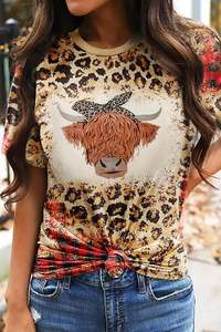 Western Vintage Style Damen Casual Tops Kurzarm O-Ausschnitt Leopard Bedruckte Hemden Lose Bluse Basic T-Shirt - Product Image 5