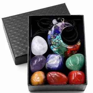 Natural Stone 7 chakras Natural Multicolored Crystal Gravel Stone Gift Box Set With Moon And Star Pendant Combination Outfit