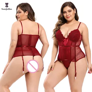 Plus Size Mesh Waist Trainer Corset Bustier With Suspenders Sexy Lace Lingerie Matching Underwear For Big Women