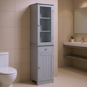 Armario de Baño Alto Gris de 12 Pulgadas de Ancho con Puerta de Acrílico, 3 Estantes, Almacenamiento Estrecho, Diseño Rústico Independiente - Product Image 2