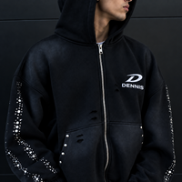 Ensemble de survêtement vintage personnalisé avec strass, fermeture éclair, effet délavé, sweat à capuche et pantalon de survêtement à jambe droite pour homme