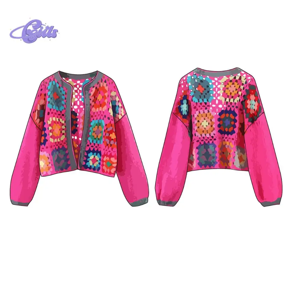 custom fashion colorful comfortable long sleeve o-neck knit crochet Jacquard cardigan top sweater