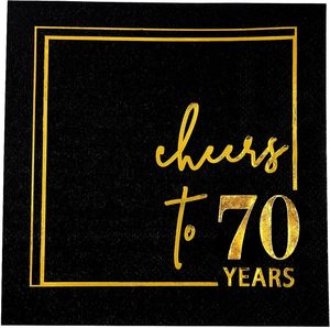 Servilletas <span class=keywords><strong>de</strong></span> Cóctel 'Cheers to Years' - Servilletas Desechables para <span class=keywords><strong>Cumpleaños</strong></span>, Servilletas para Bebidas o Aniversario <span class=keywords><strong>de</strong></span> Boda en Negro y Dorado (70 Años) - Product Image 1