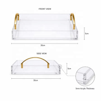Plateau de service carré de luxe en acrylique transparent, compatible avec les aliments, avec poignées en métal doré, finition polie, qualité commerciale, décoratif moderne