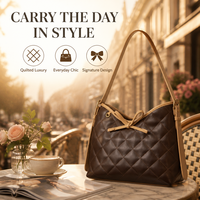 Tas Hobo Wanita Model Quilted, Bahan Kulit Cokelat, Cocok untuk Musim Panas, Dingin, dan Gugur, Dilengkapi Pita, Tali Selempang, dan Ritsleting, Warna Emas