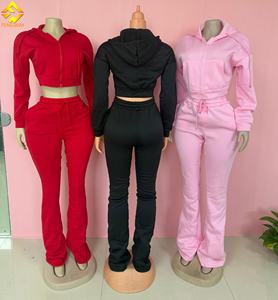 Женский Спортивный Повседневный комплект из 2 предметов, кардиган с капюшоном, укороченная куртка, брюки со шнурком, базовый спортивный костюм, короткий облегающий однотонный костюм - Product Image 4