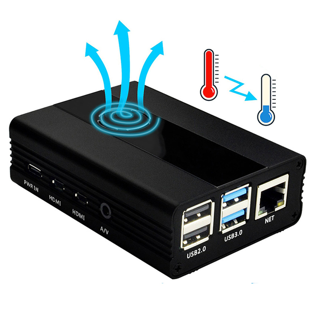 #44067 Black Aluminum Alloy Case for Raspberry Pi 4 with Cooling Fan Product Category ICs