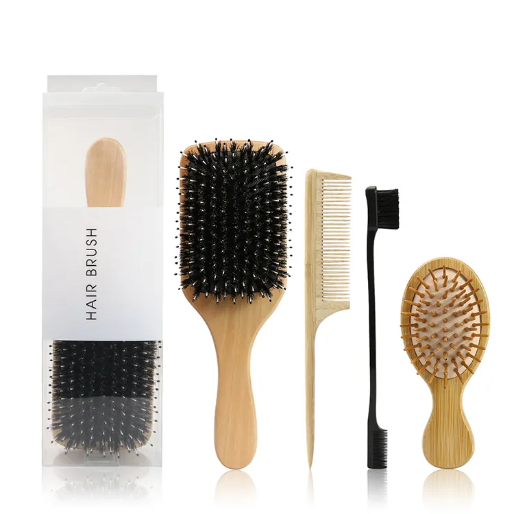 New Arrival Custom Logo Eco-friendly Low MOQ Natural 4PCS Hair Brush Bamboo Wide Tooth Comb Bamboo Afro Pick Hair Brush Set