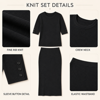 Ensemble deux pièces en tricot pour femmes, haut à manches courtes raglan avec détails boutonnés, jupe midi, tenue de couleur unie, ensemble assorti en tricot