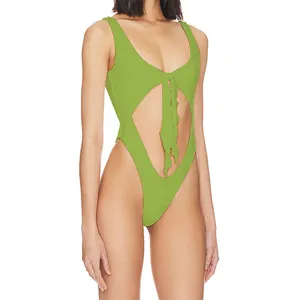 Últimas Design Cordas Meninas Swimwear Uma Peça Recorte De Cintura Alta Bikini Backless Sólidos Trajes De Banho Para Mulheres Com Logotipo Personalizado