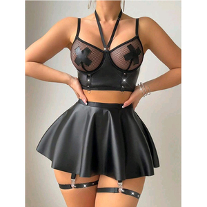 Lencería Fetiche Sexy para Mujer, Conjunto de 2 Piezas con Top Halter de Rejilla y Cuero, Falda y Lazos para Piernas, Vestido Erótico - Product Image 3