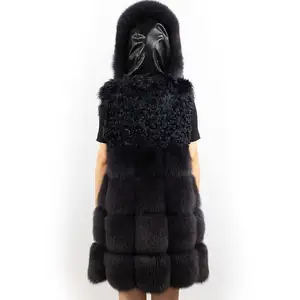 85cm long women winter fashion warm lamb fur fox fur vest coat with hood