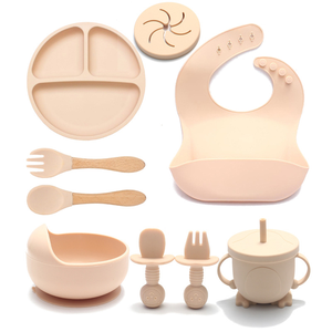 现代儿童盘碗套装，带吸盘图案食品级硅胶婴儿喂养8件套环保卡通设计 - Product Image 1