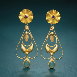Pendientes Colgantes de Aguamarina con Diseño Dorado y Flor, Pendientes de Latón Hechos a Mano, Estilo Nuevo - Product Image 3