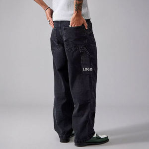 Jeans noirs personnalisés de haute qualité avec logo, pour hommes, style streetwear, délavés, double genou, coupe baggy, avec poches cargo, pantalon de charpentier tendance pour hommes - Product Image 3