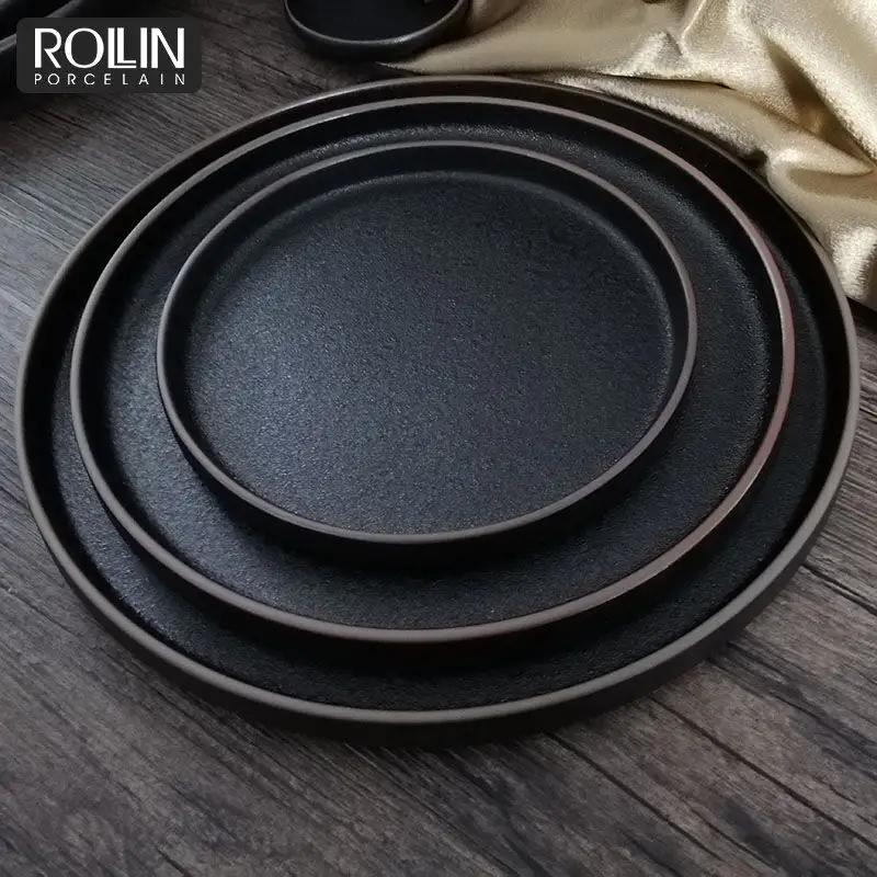 Factory hotel black nordic restaurant tableware plates porcelain dishes ceramic dinner plates crockery plates for restaurant