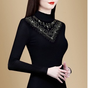 Women's Knit <b>Top</b> Long Sleeve Black Ribbed Semi High Neck Fleece Lined Warm Base <b>Layer</b> Autumn Winter Soft Geometric Pattern - Product Image 3