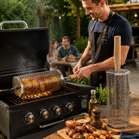 Panier de rôtissage en acier inoxydable pour barbecue, avec poignée en bois, panier de grillade rotatif pour barbecue extérieur, vente en gros