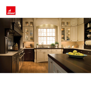 Allandcabinet ไม้เนื้อแข็งทาสีวอลนัทเฟอร์นิเจอร์ห้องครัวพร้อมยกประตู<span class=keywords><strong>ด</strong></span>้านบนหินแกรนิตและไฟ LED สำหรับตกแต่งบ้านคลาสสิก - Product Image 1