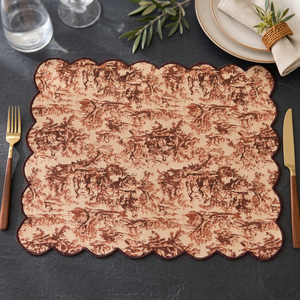 Mantel individual de algodón y lino premium con estampado Toile marrón vintage y borde festoneado |   Elegante Mantel Decorativo para Mesa de Comedor - Product Image 4