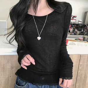 Vente en gros – Nouvelle collection Automne-Hiver 2025 – T-shirt basique ample en maille à col rond et dentelle pour <span class=keywords><strong>femme</strong></span> – Doux, patchwork, respirant, <span class=keywords><strong>anti</strong></span>-<span class=keywords><strong>UV</strong></span>, séchage rapide - Product Image 3