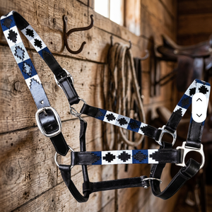 Harnais en cuir personnalisé pour cheval avec motif tissé bleu et blanc, équipement équestre réglable pour l'entraînement et l'équitation, vente en gros - Product Image 2