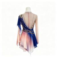 Robe de patinage artistique à col rond dégradé bleu-rose, manches asymétriques, dos ouvert en maille, jupe ornée de strass pour adultes et enfants