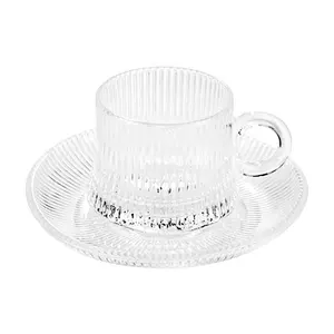 Wholesale Customized Tableware Cafe Coffee Mugs With Saucer Crystal Glass Striped Cup Coffee Tea With Small Tea Cups And Saucers