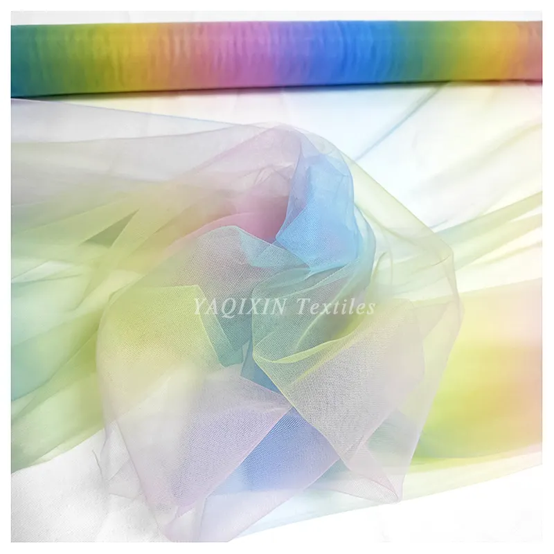 YX2105 umweltfreundlicher weicher elastischer Tullstoff Verlauf Ombre 2 Wege stretch Regenbogen digitaler Druck Tullnetzstoff Textil