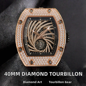 Reloj Tourbillon Mecánico de Lujo con Caja Tonneau de 40 mm, Esfera con Diamantes Incrustados, Pantalla Analógica, Correa de Caucho, Unisex - Product Image 4