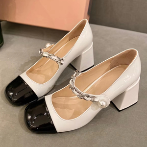 Zapatos de Tacón Alto Mary Jane de Mujer, Marca Original de Lujo MIU, Clásicos, Personalizados, de Cuero, Decorados con Perlas - Product Image 1