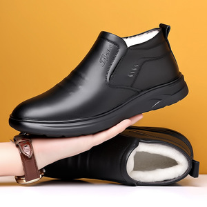 Men's Slip-On Leather Shoes Black <b>Wool</b> Lined Warm Winter Style Non Slip Thick Sole For Middle Aged And Elderly Men - Product Image 4